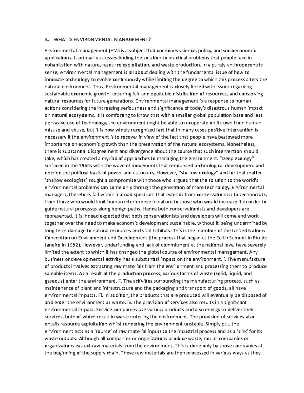 ECO 3 - lecture notes - A. WHAT IS ENVIRONMENTAL MANAGEMENT ...