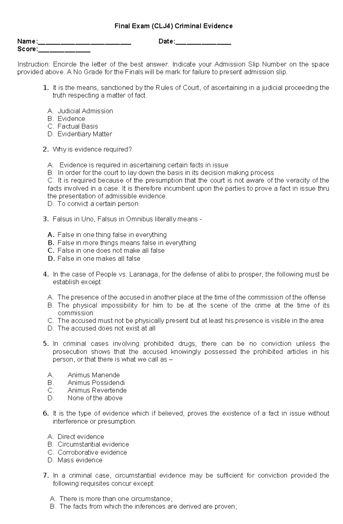 Final-Evidence - notes - Final Exam (CLJ4) Criminal Evidence Name