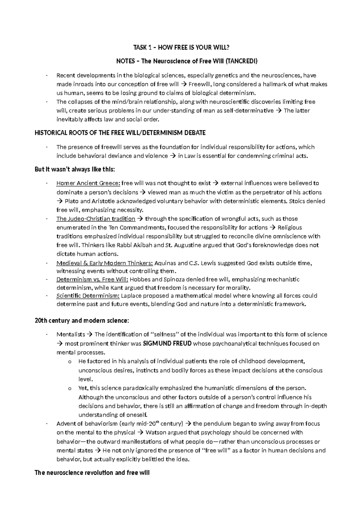 EXAM Notes - P&L - The Neuroscience of Free Will and Legal Implications ...