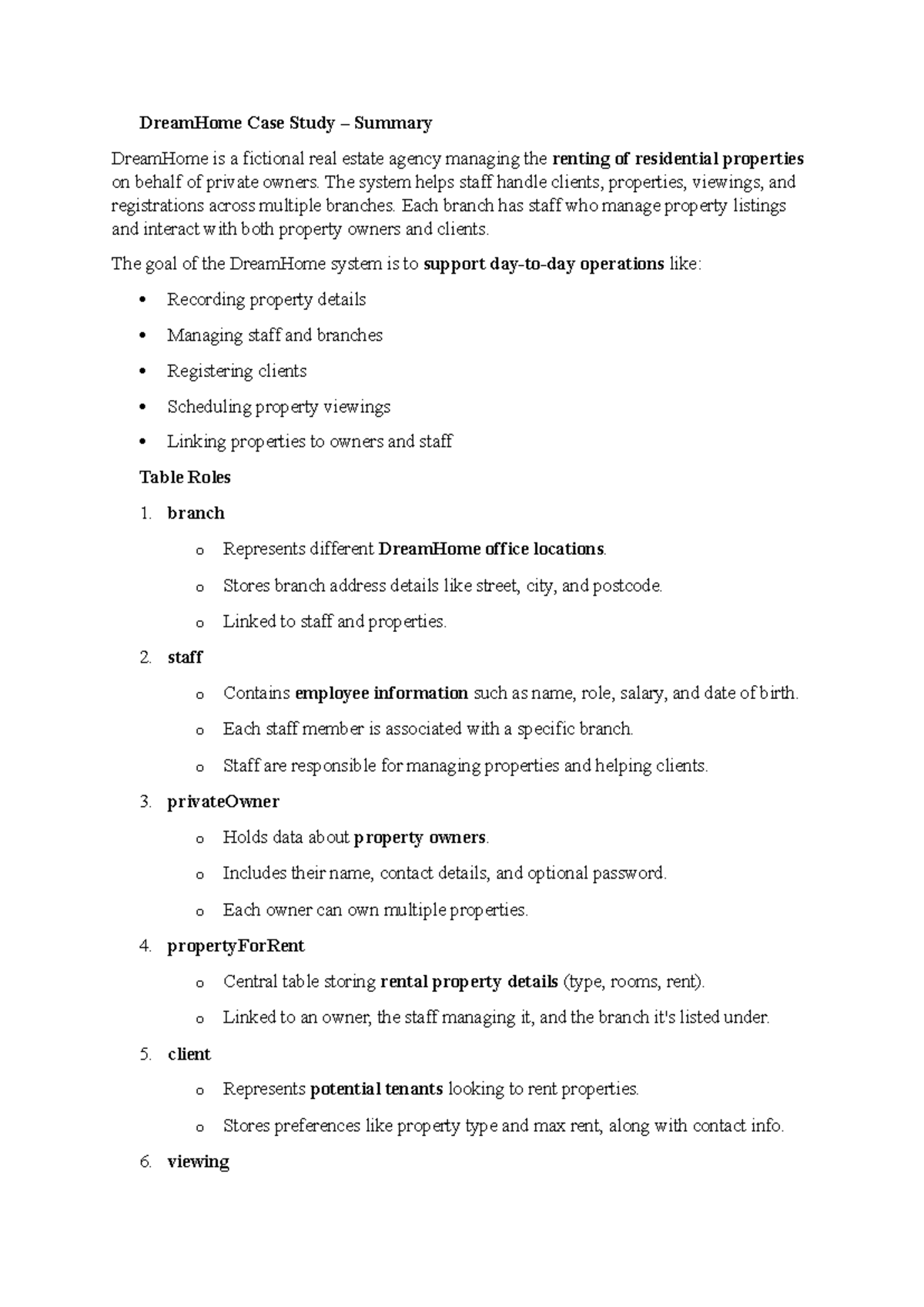 DreamHome Case Study Summary: Managing Real Estate Operations - Studocu