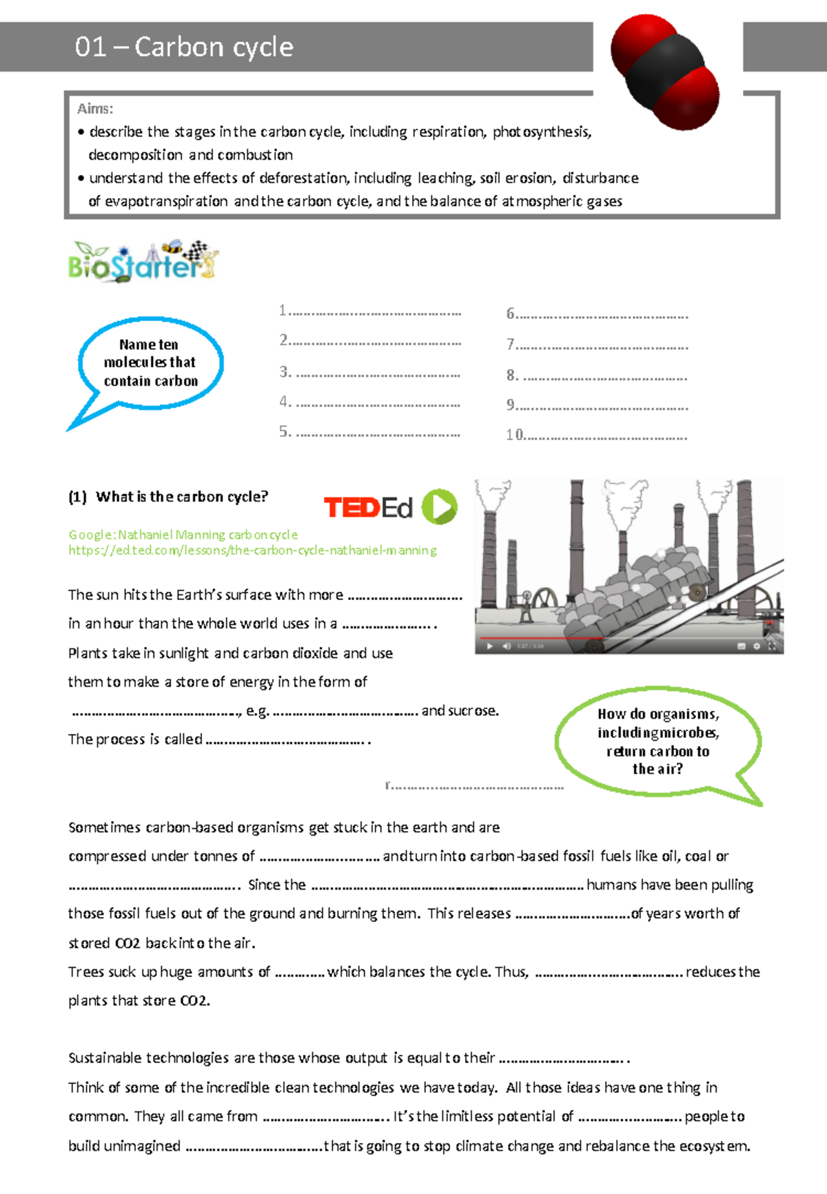 01 Carbon Cycle Worksheet 2020 - Gap Fill & Crossword - Studocu