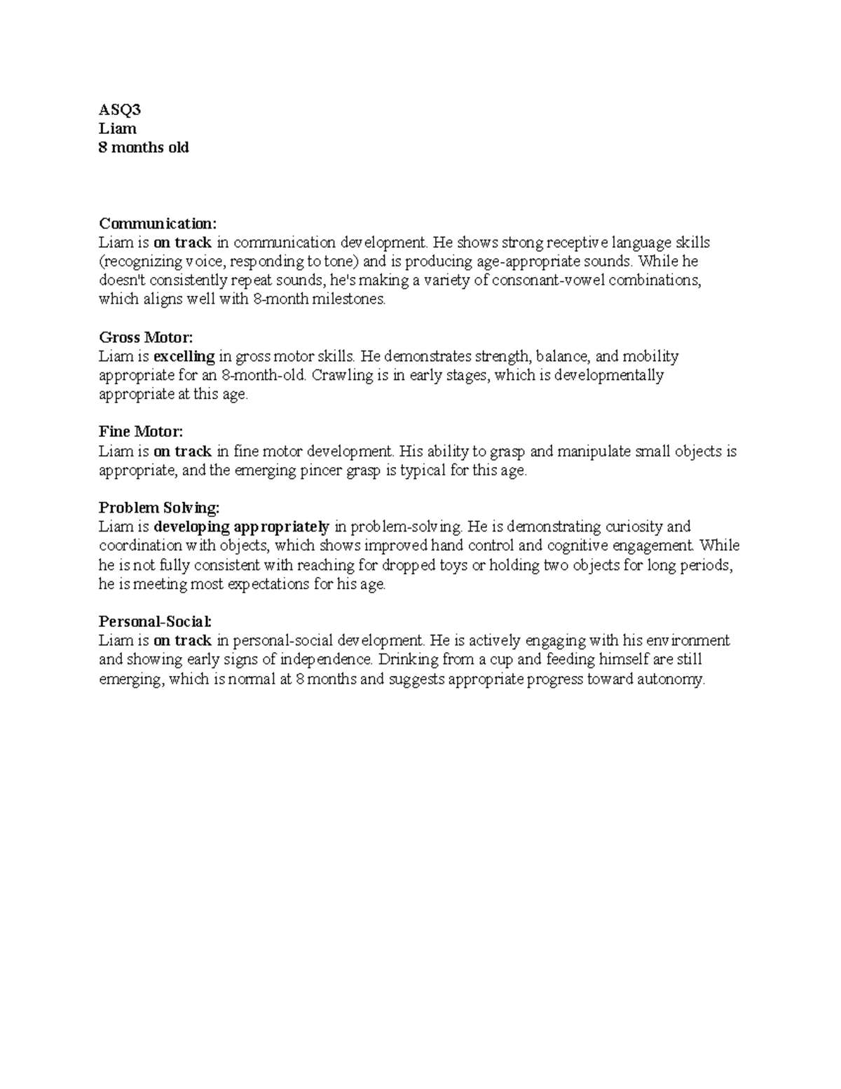 ASQ3J - Liam's 8-Month Developmental Milestones Assessment - Studocu