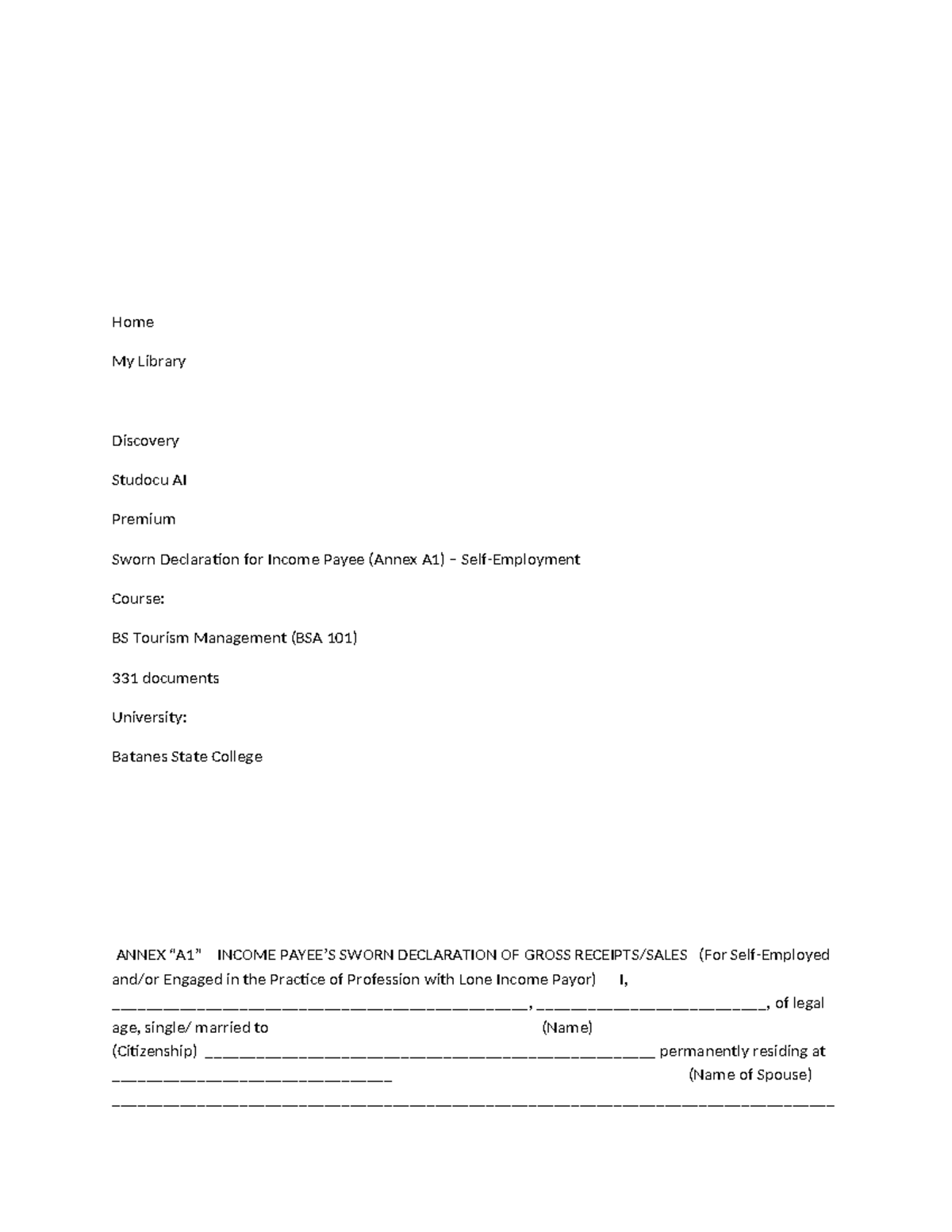 Annex A1: Sworn Declaration of Income Payee for BSA 101 - Studocu