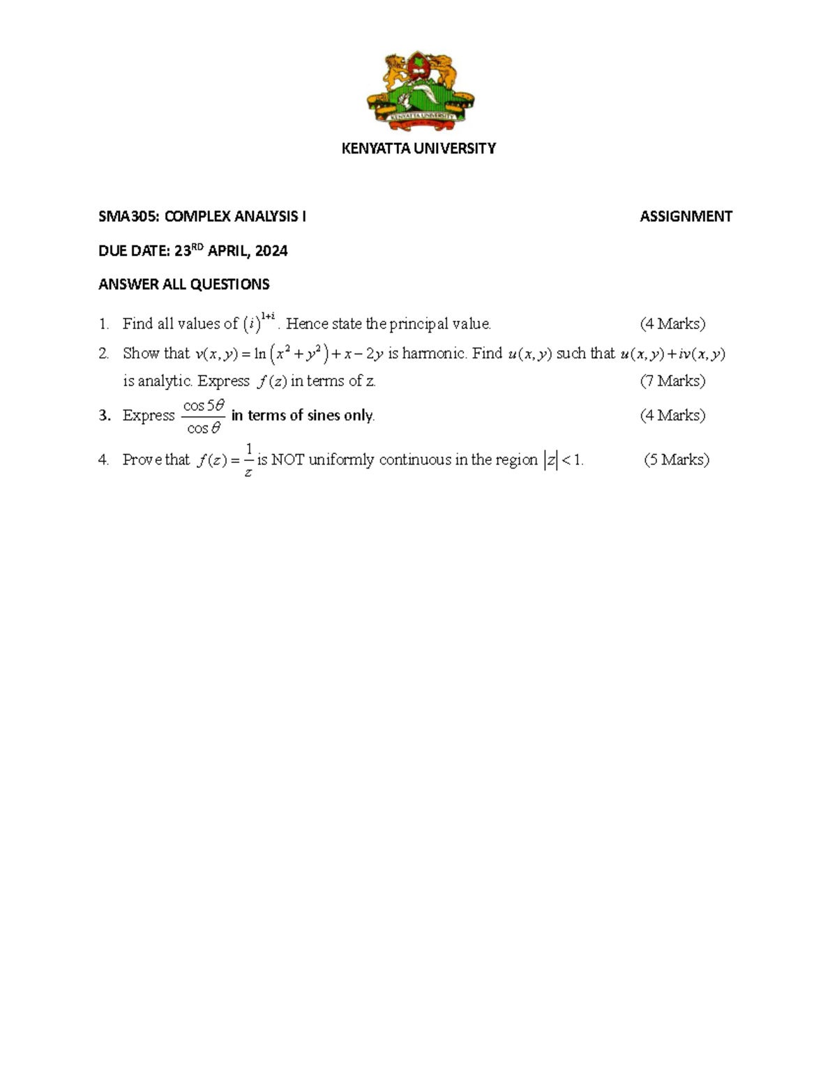 SMA305: Complex Analysis I Assignment - Due April 23, 2024 - Studocu