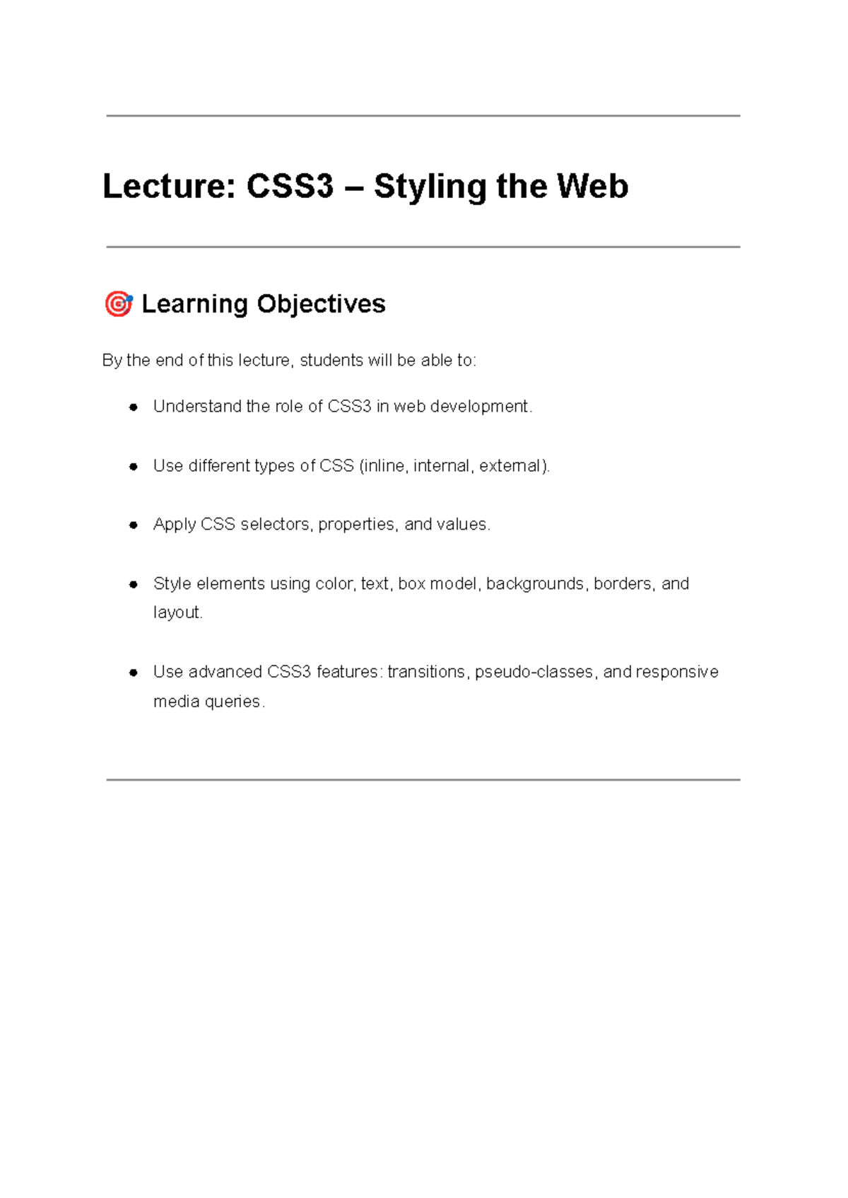 Lecture: CSS3 Styling the Web - Learning Objectives and Key Concepts ...