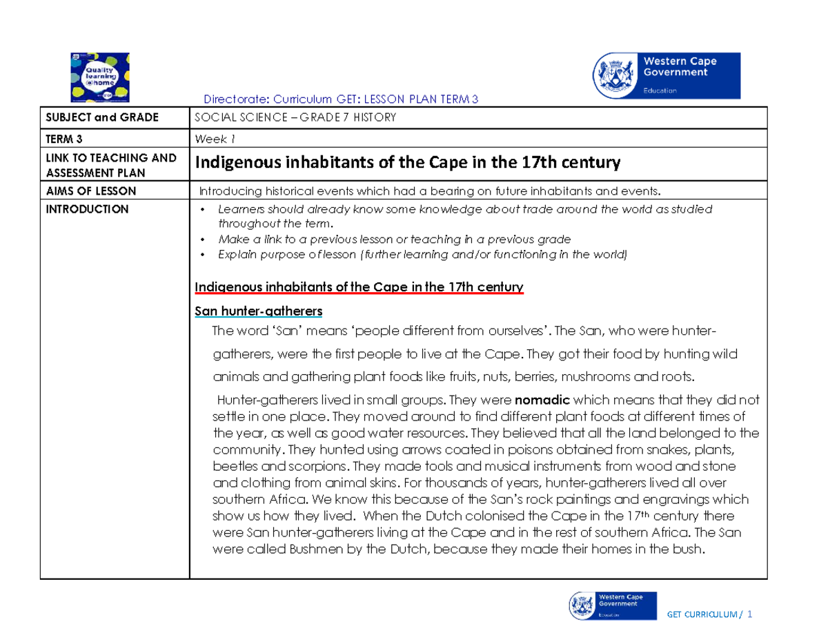 GET: Lesson Plan Grade 7 Social Science History Term 3 Week 1 - Studocu