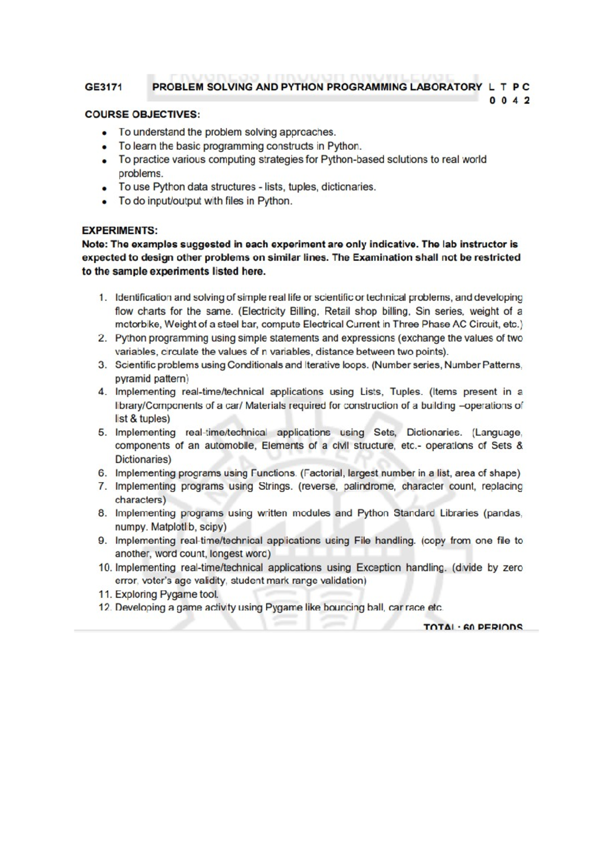 GE3171 Python Programming Laboratory: Experiments & Objectives - Studocu