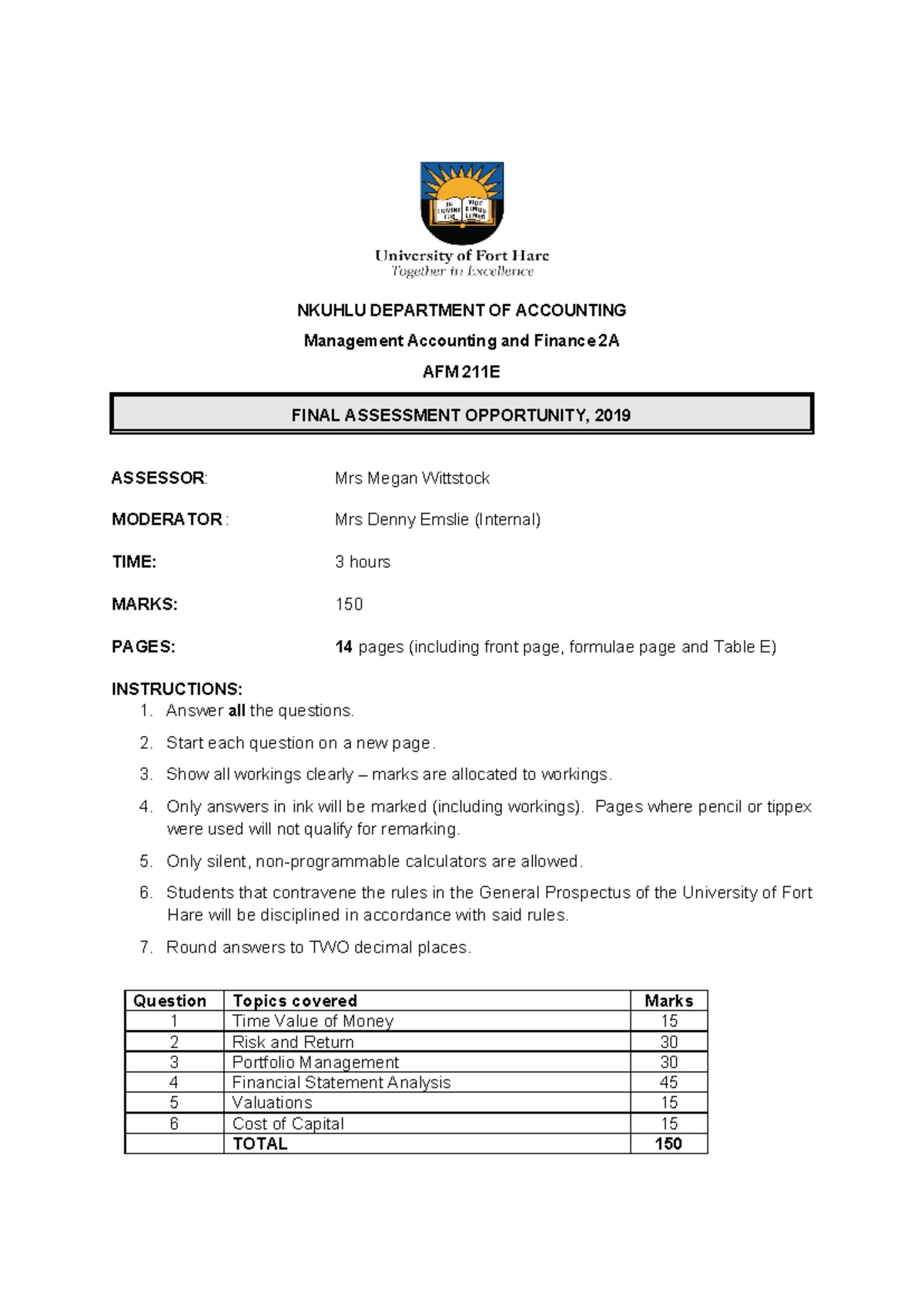 AFM211E Financial Management 2A Semester Test 1 Solutions 2024 - Studocu