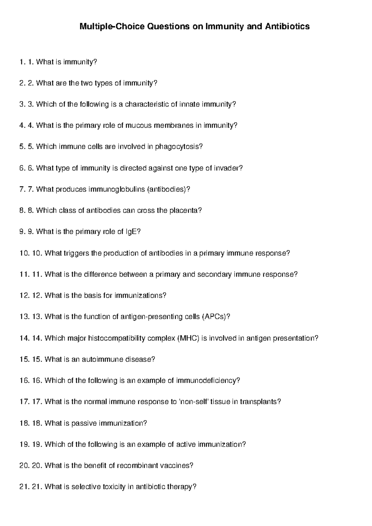 Multiple Choice Questions Immunity Antibiotics - Multiple-Choice ...