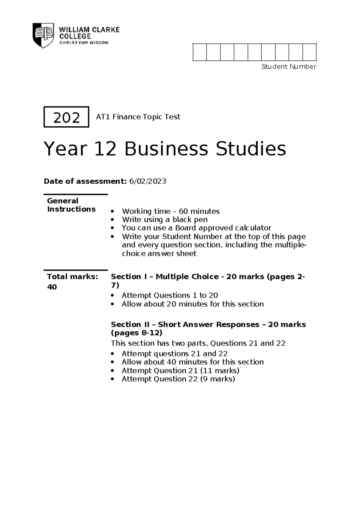 2023 HSC Business AT1 Finance Topic Test Year 12 - Studocu