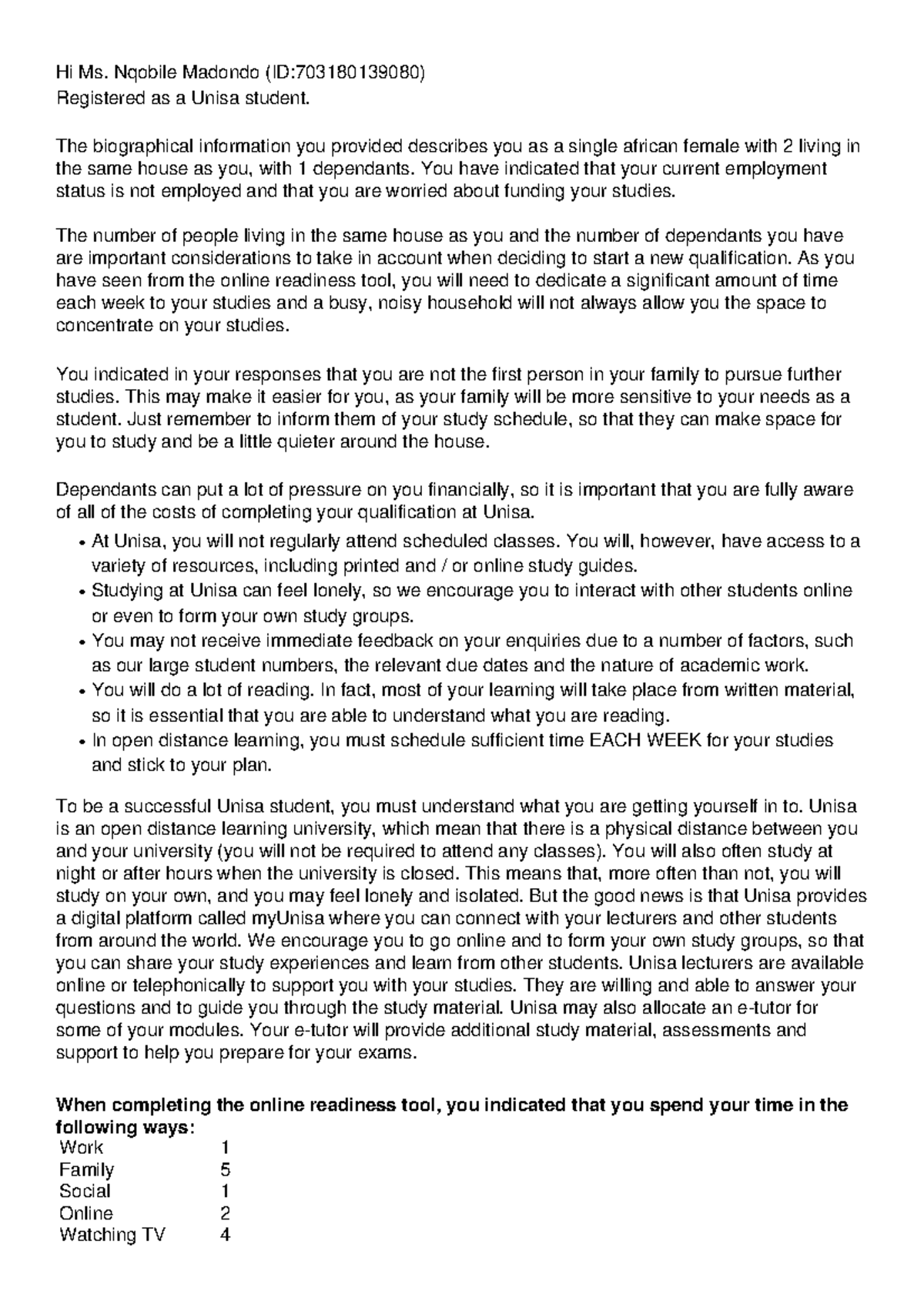 Unisa Student Readiness Report: Strategies for Success in Open Distance ...