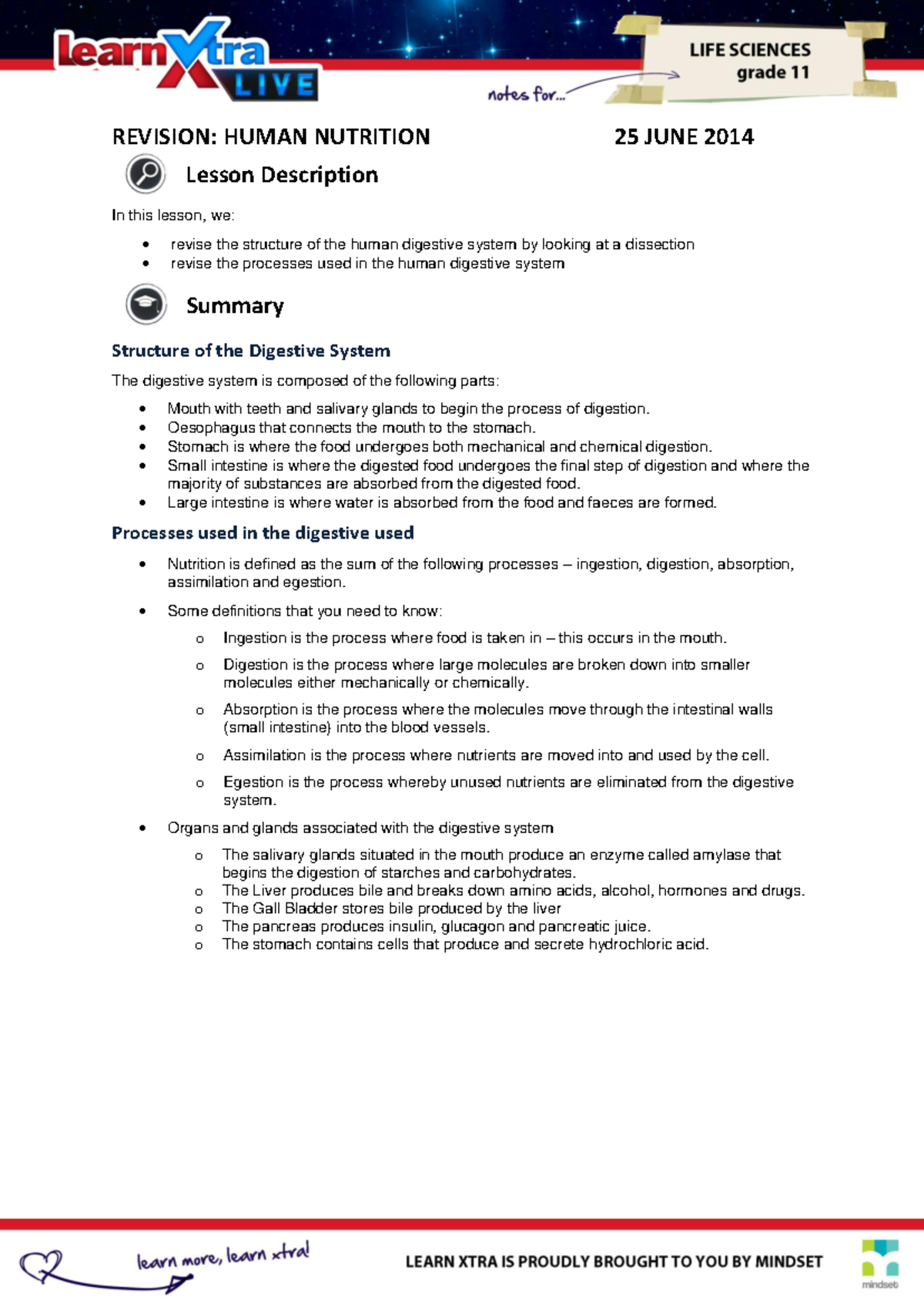 Human Nutrition XL Lesson Notes: Digestive System and Processes - Studocu