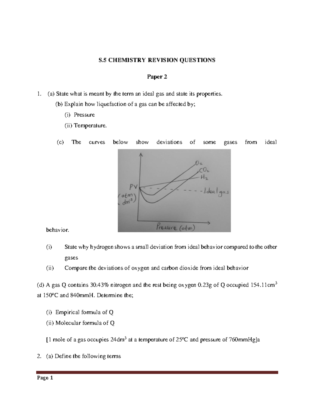 S.5 CHEMISTRY REVISION QUESTIONS Paper 2: Ideal Gas Behavior ...