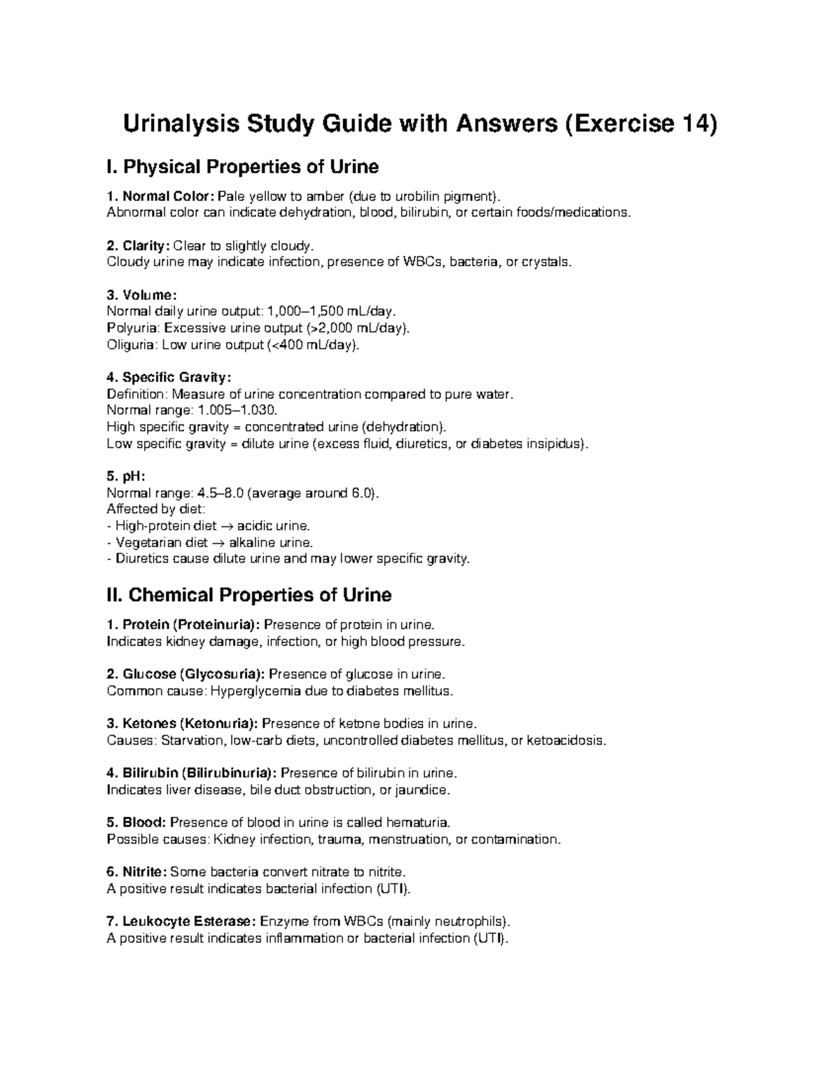 Urinalysis Study Guide with Answers (Exercise 14) - Studocu