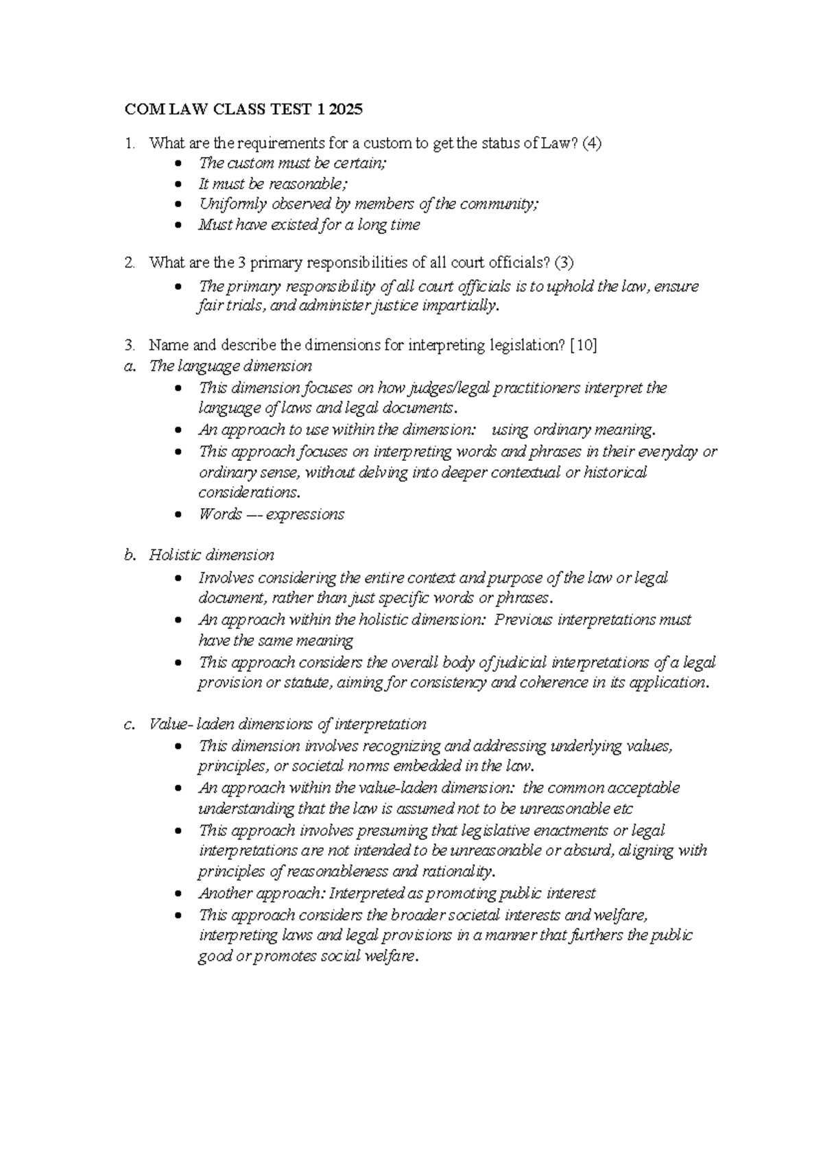 COM LAW CLASS TEST 1 MEMO: Key Concepts & Interpretations Guide - Studocu