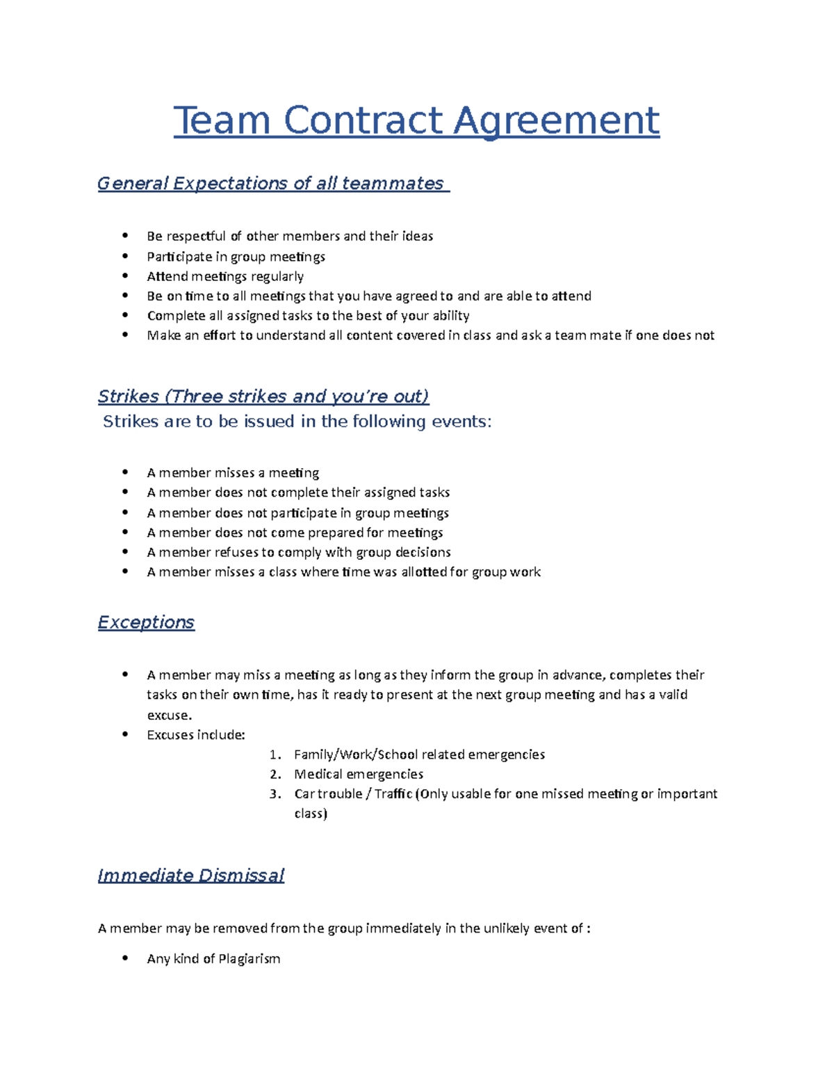 Team Agreement for Bizcafe - Team Contract Agreement General ...