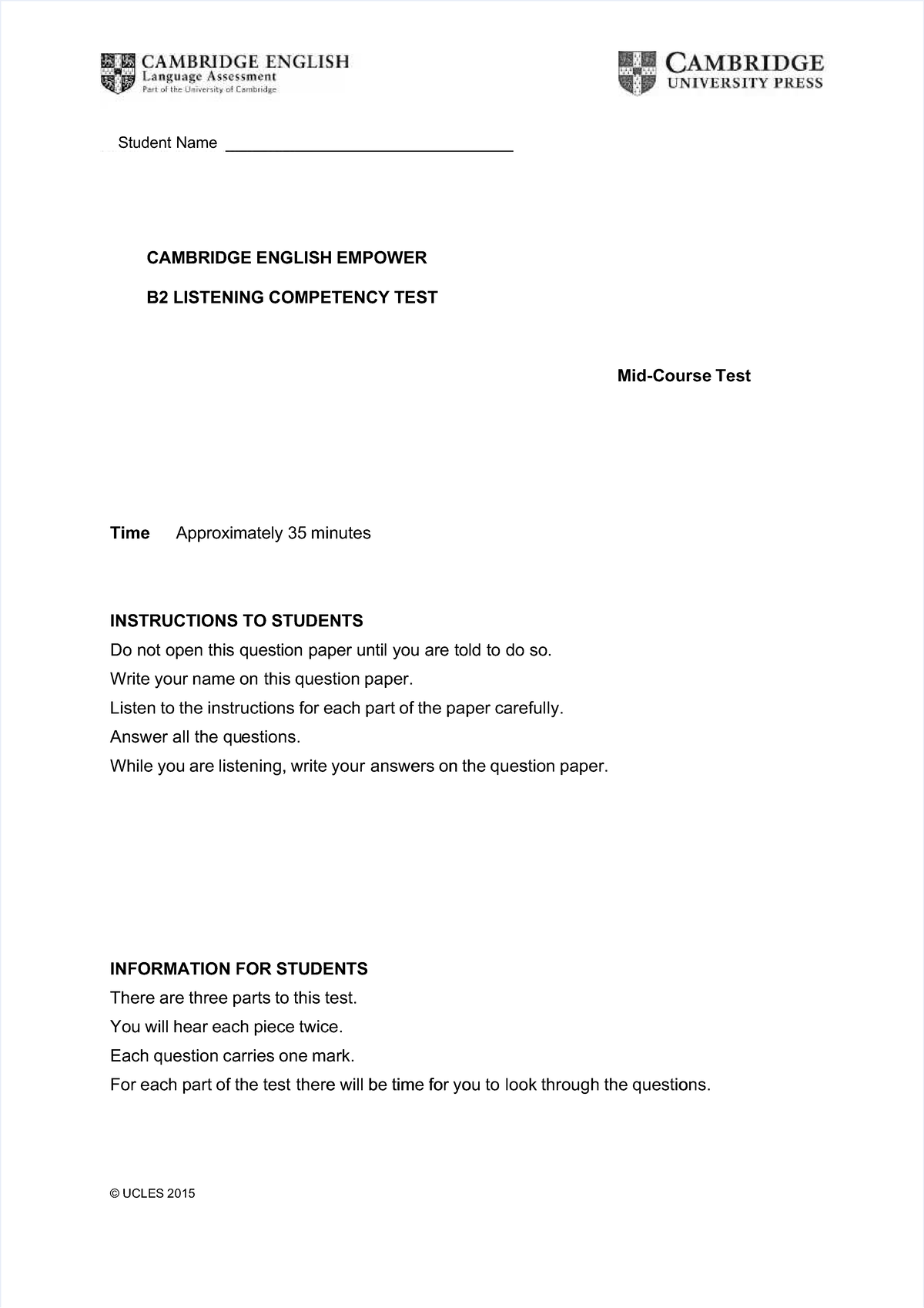 B2 Listening Competency Test - Mid-Course Exam - Empower - Studocu