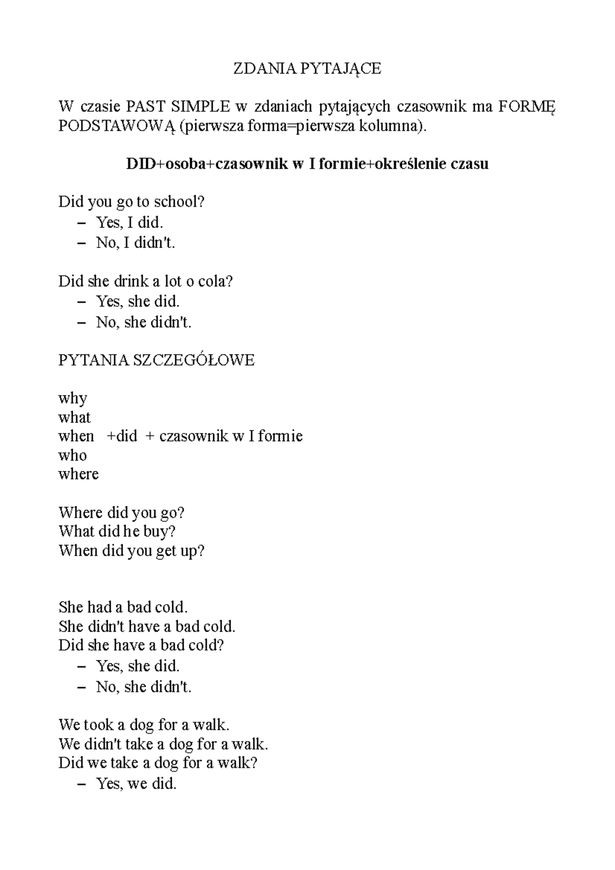 Klasa 6: Pytania w Past Simple - Zasady i Przykłady - Studocu