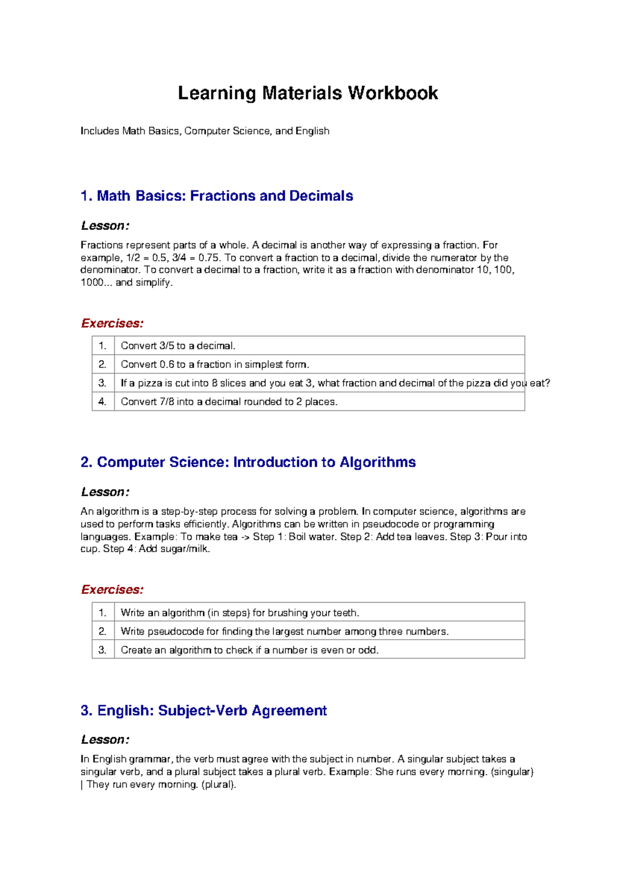 Learning Materials Workbook: Math, CS, & English 1 Lessons - Studocu
