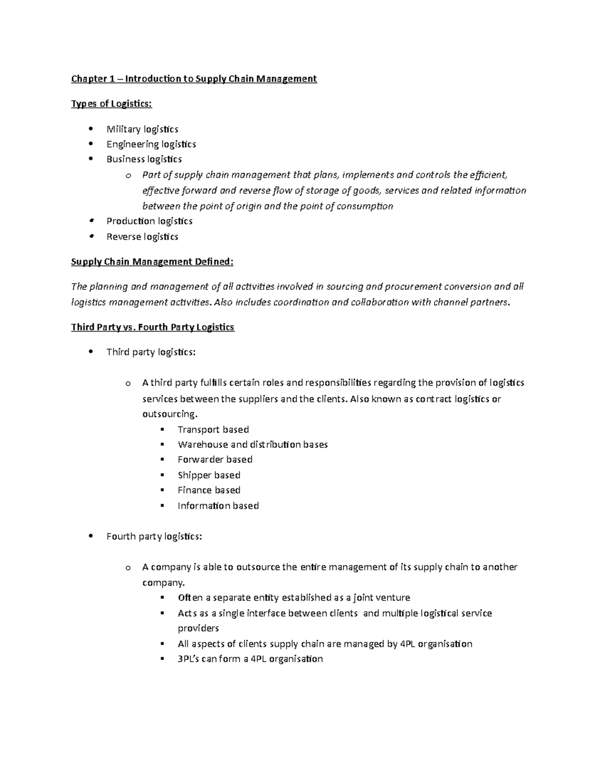 Chapter 1 Summary - Chapter 1 – Introduction to Supply Chain Management ...