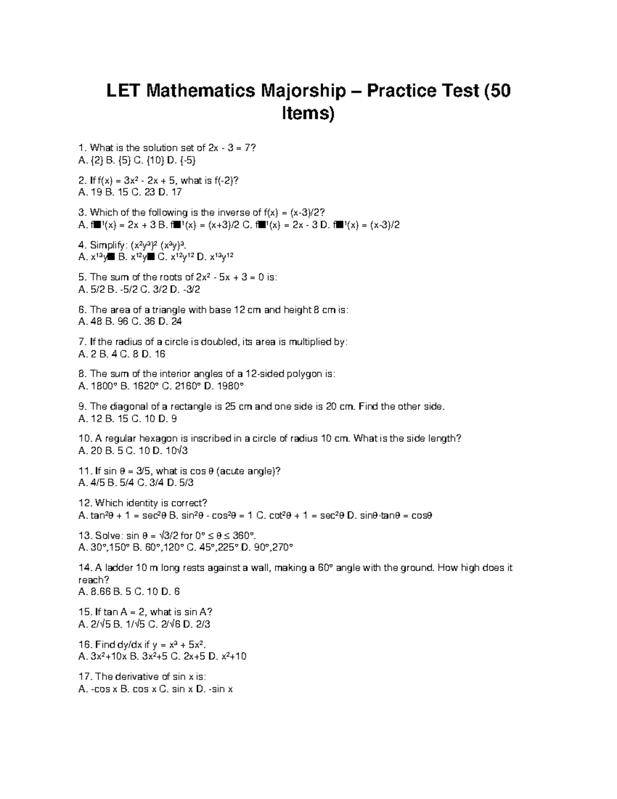 LET Mathematics Majorship Practice Test (50 Items) - Studocu