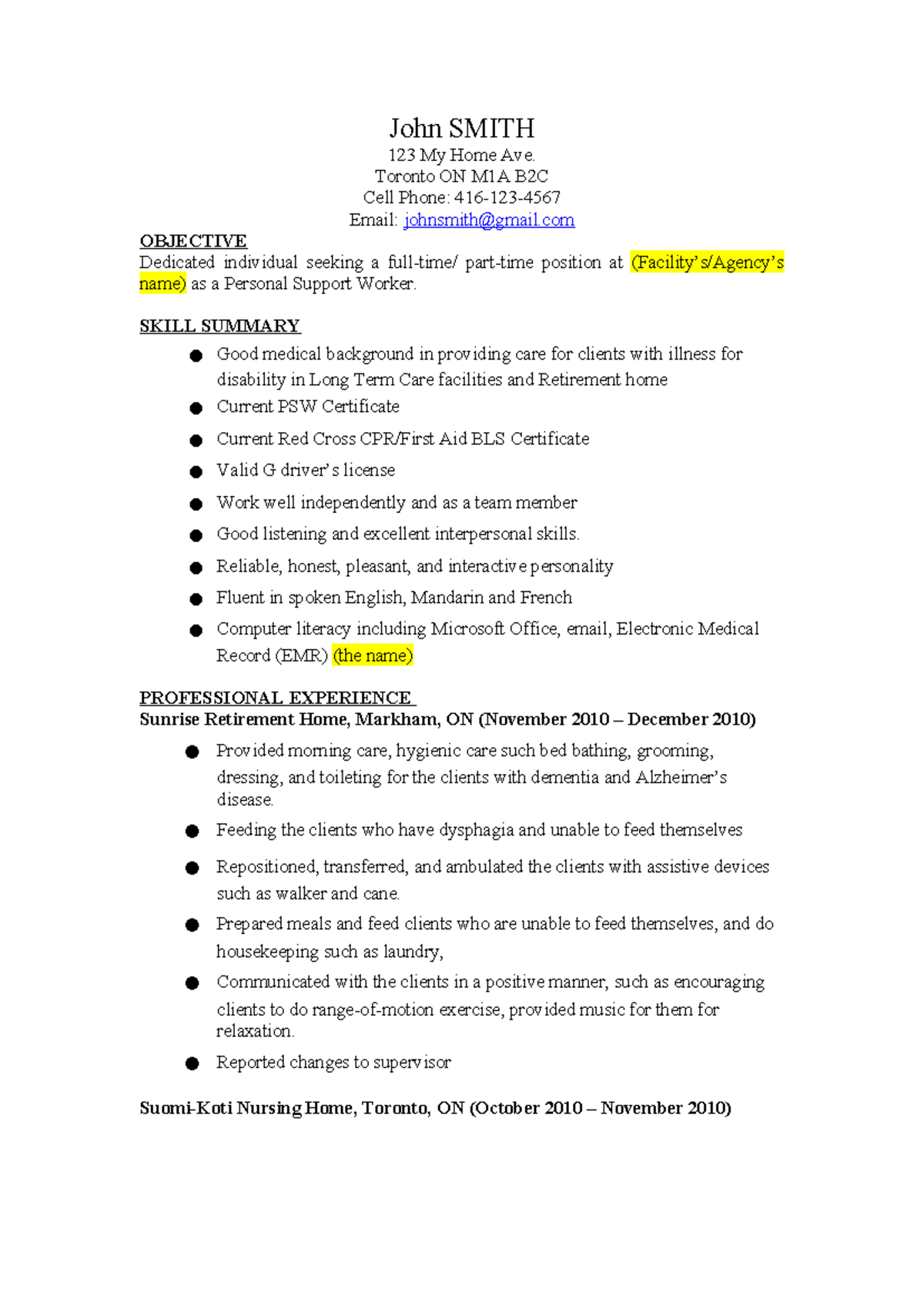 PSW Resume Sample for Personal Support Worker Positions - Studocu