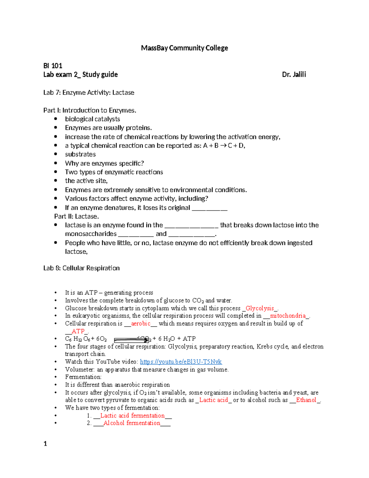 Lab Exam 2 Study Guide for BI 101: Enzyme, Respiration & Genetics - Studocu