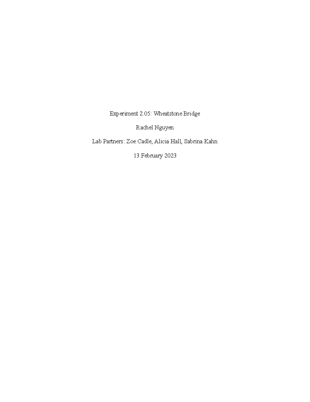 Physics Lab Report: Wheatstone Bridge Experiment 2.05 - Studocu