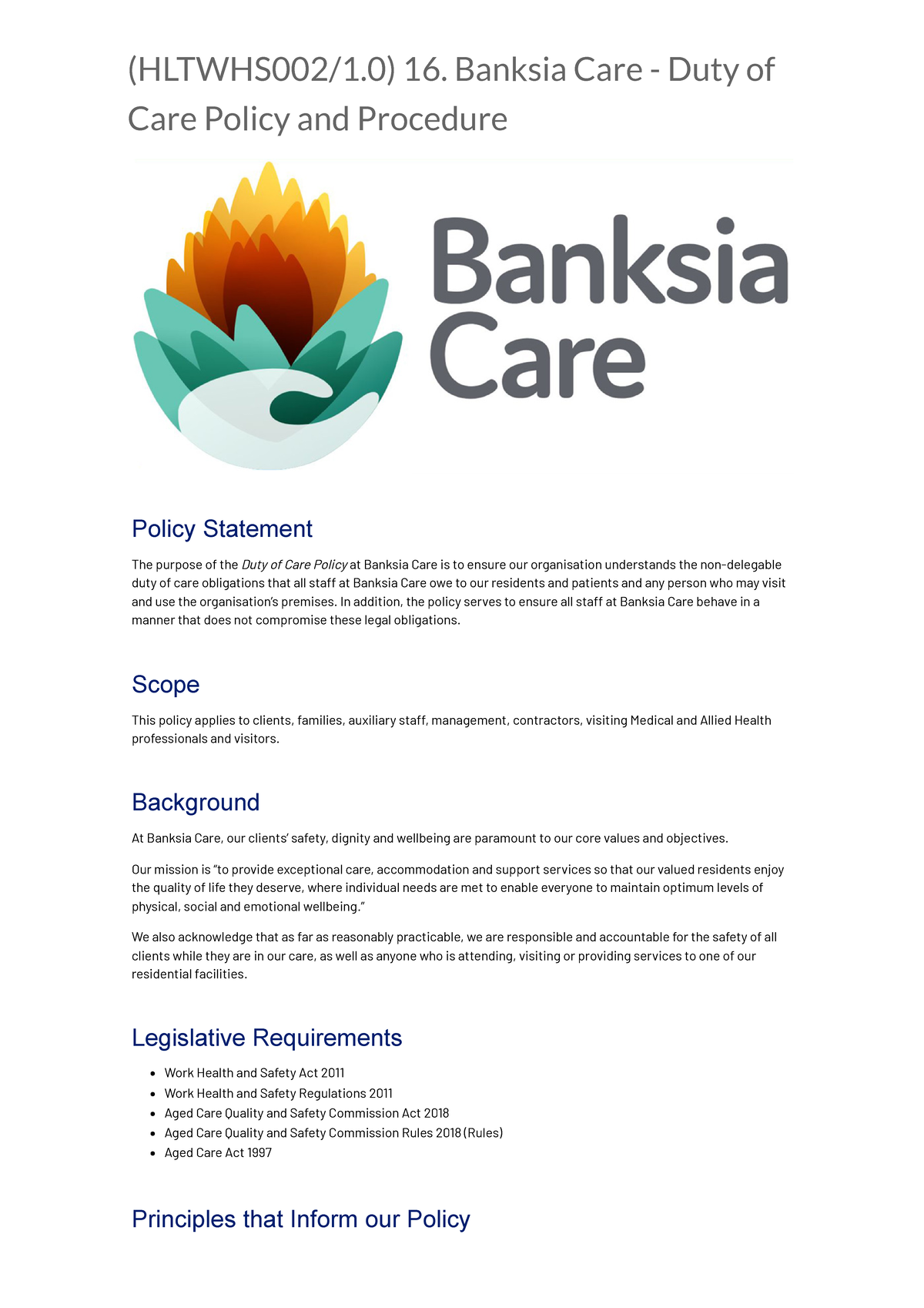 (HLTWHS002 1.0) Duty of Care Policy and Procedures for Banksia Care ...