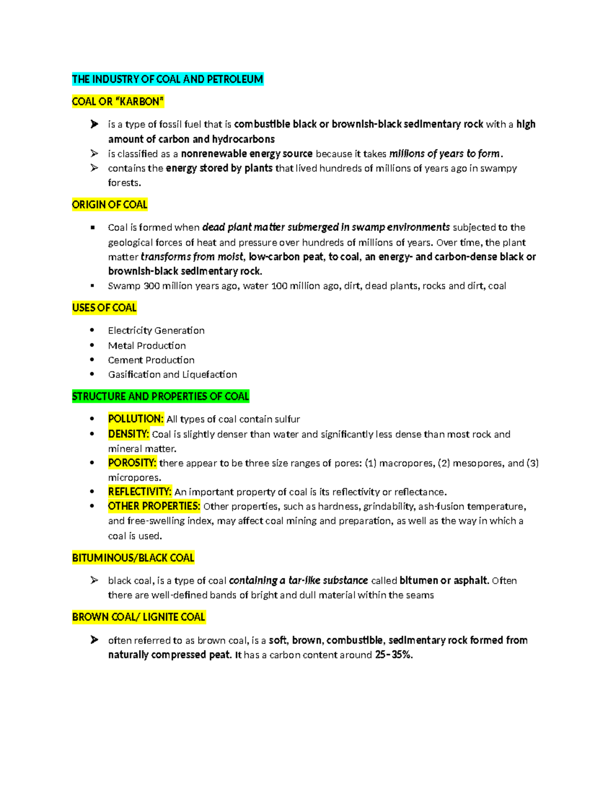 Geology 101 - Lecture Notes on Coal and Petroleum Industry - Studocu
