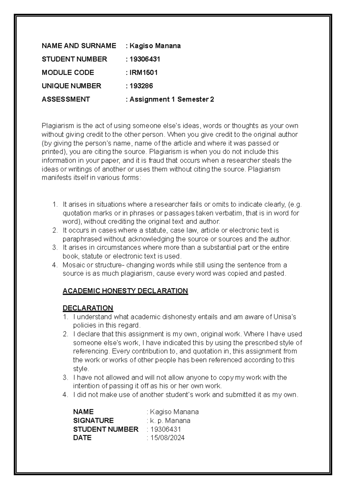 IRM1501 Assignment 1: Understanding Plagiarism and Academic Integrity ...