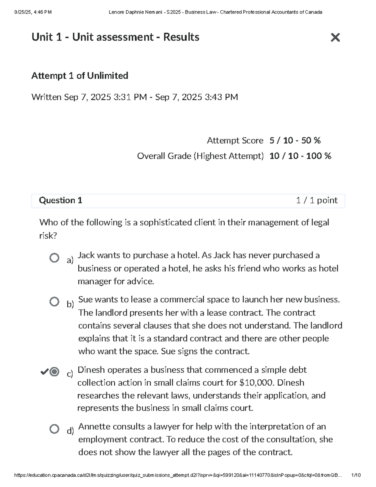 S2025 Business Law Unit 1 MCQ Practice Quiz Results and Feedback - Studocu