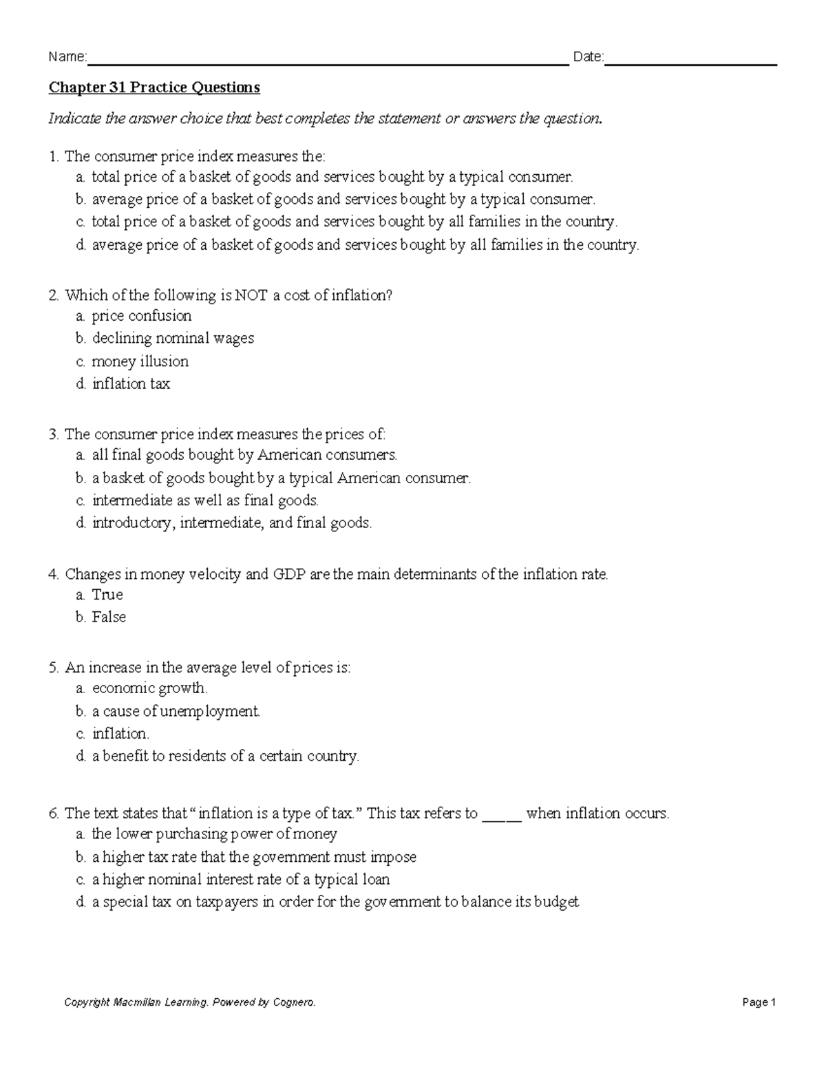 Chapter 31 Inflation Practice Questions & Answer Key - Studocu