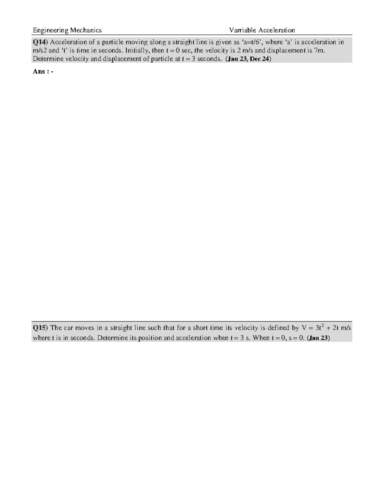 Engineering Mechanics Variable Acceleration Practice Questions (Dec 25 ...