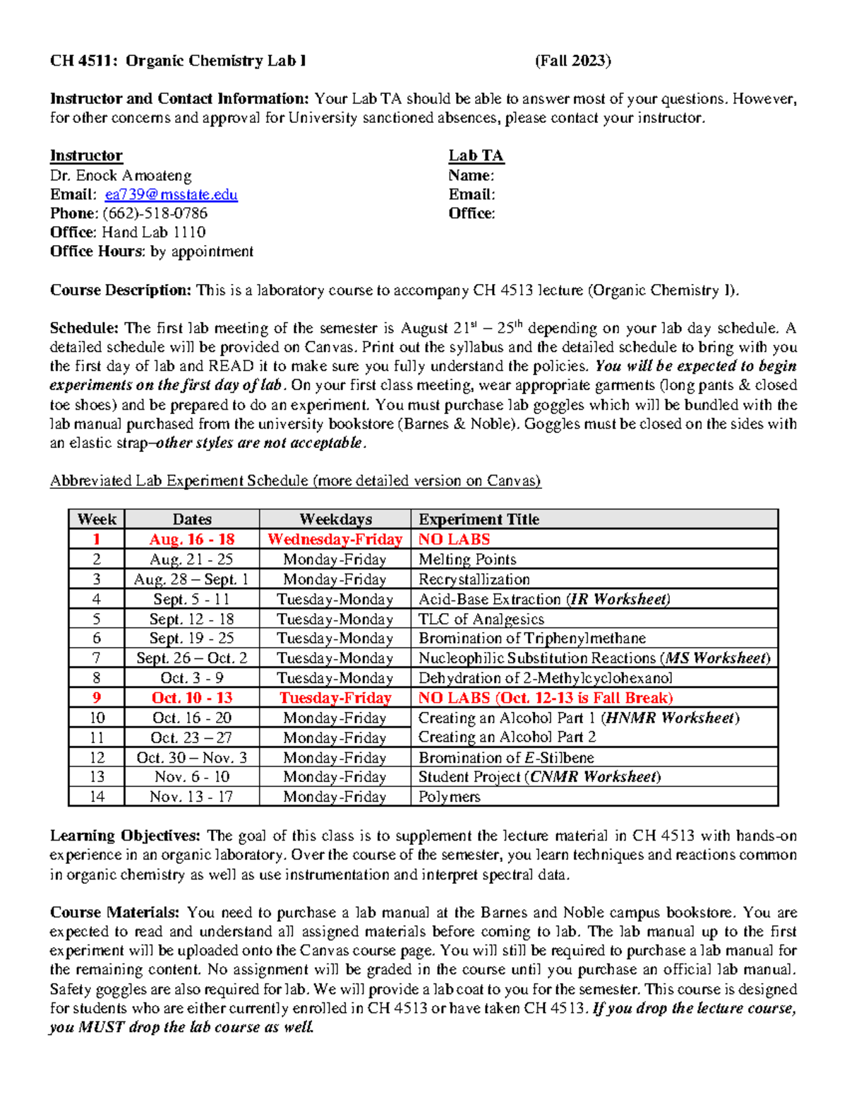 CH 4511 Organic Chemistry Lab I Syllabus (Fall 2023) - Studocu