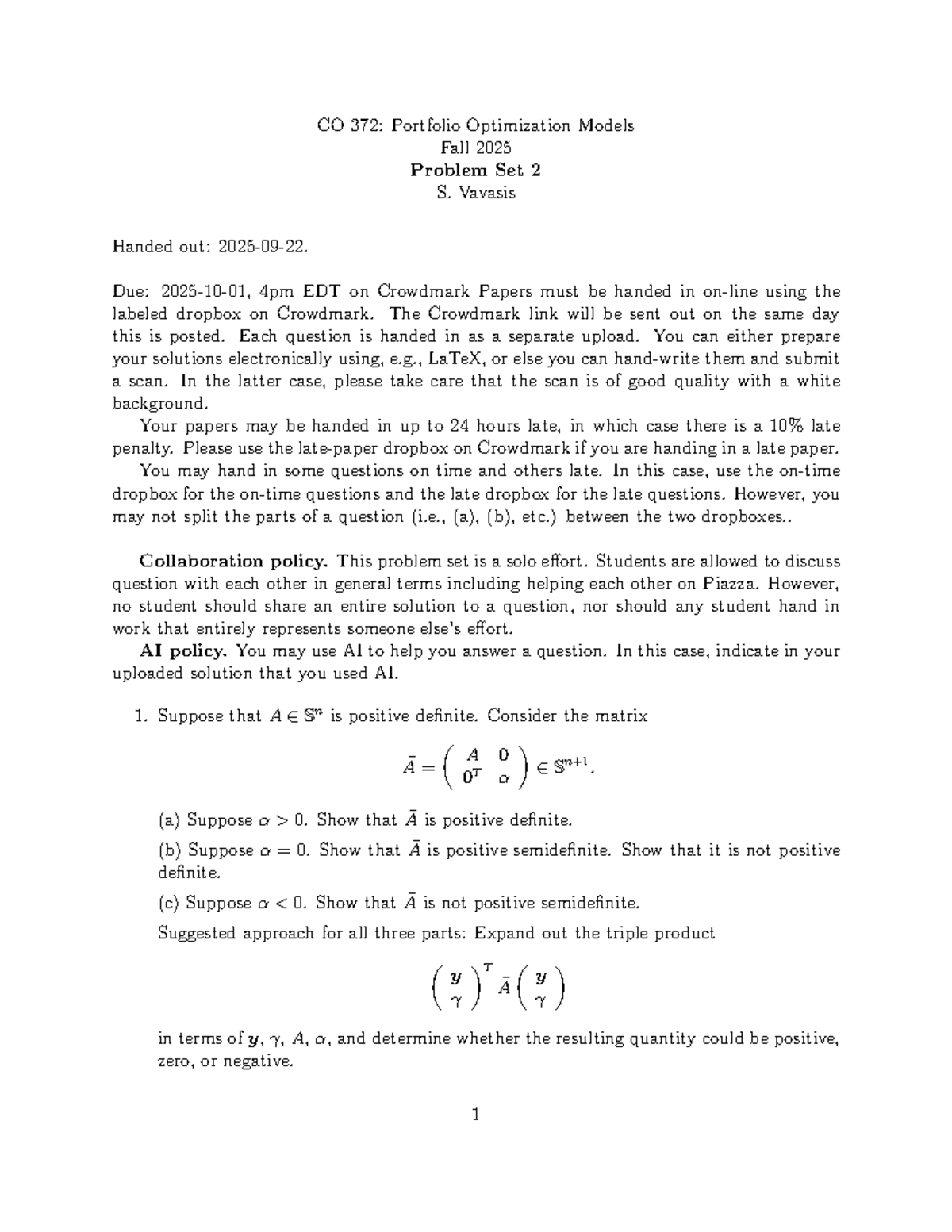 CO 372: Portfolio Optimization Models Fall 2025 Problem Set 2 - Studocu