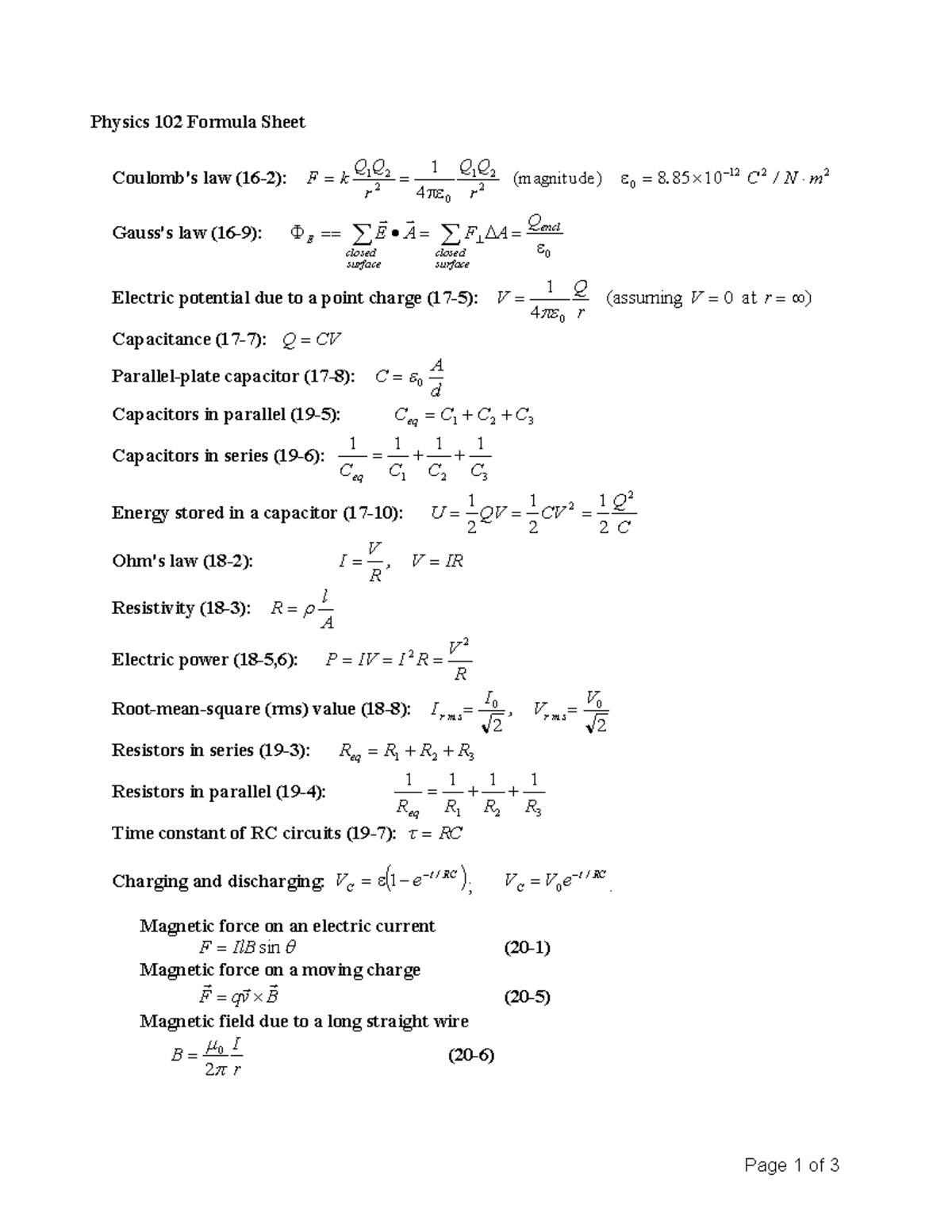 Physics 102 Final Exam Formula Sheet: Key Equations and Concepts - Studocu
