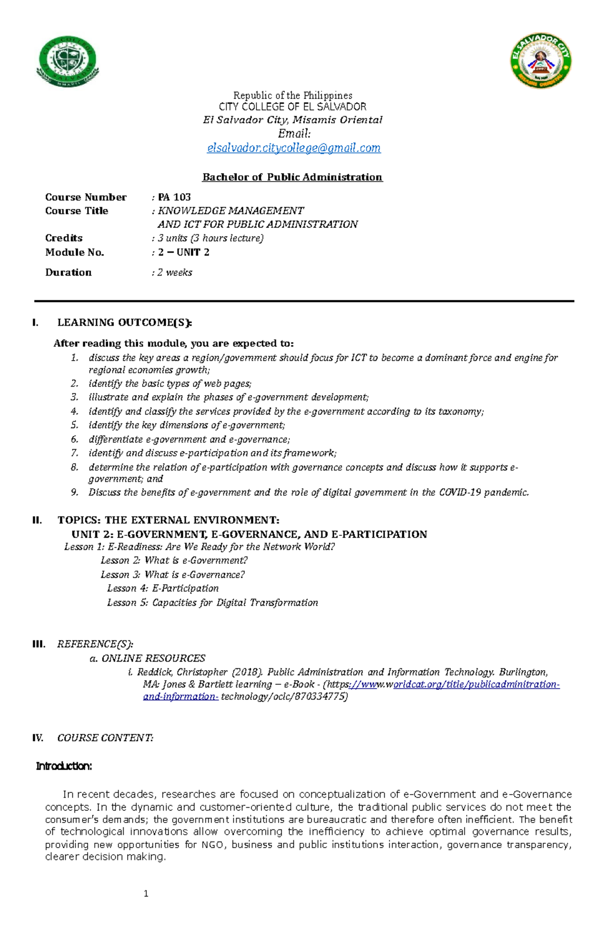 B PA 103 Week 56 - KNOWLEDGE MANAGEMENT AND ICT FOR PUBLIC ...