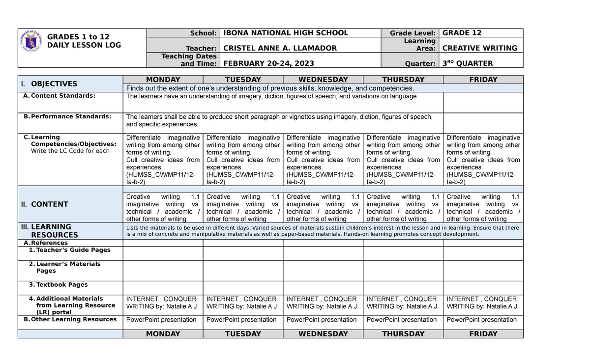 Creative Writing Lesson Plan - DLL WEEK 2 (Grade 12) - Studocu