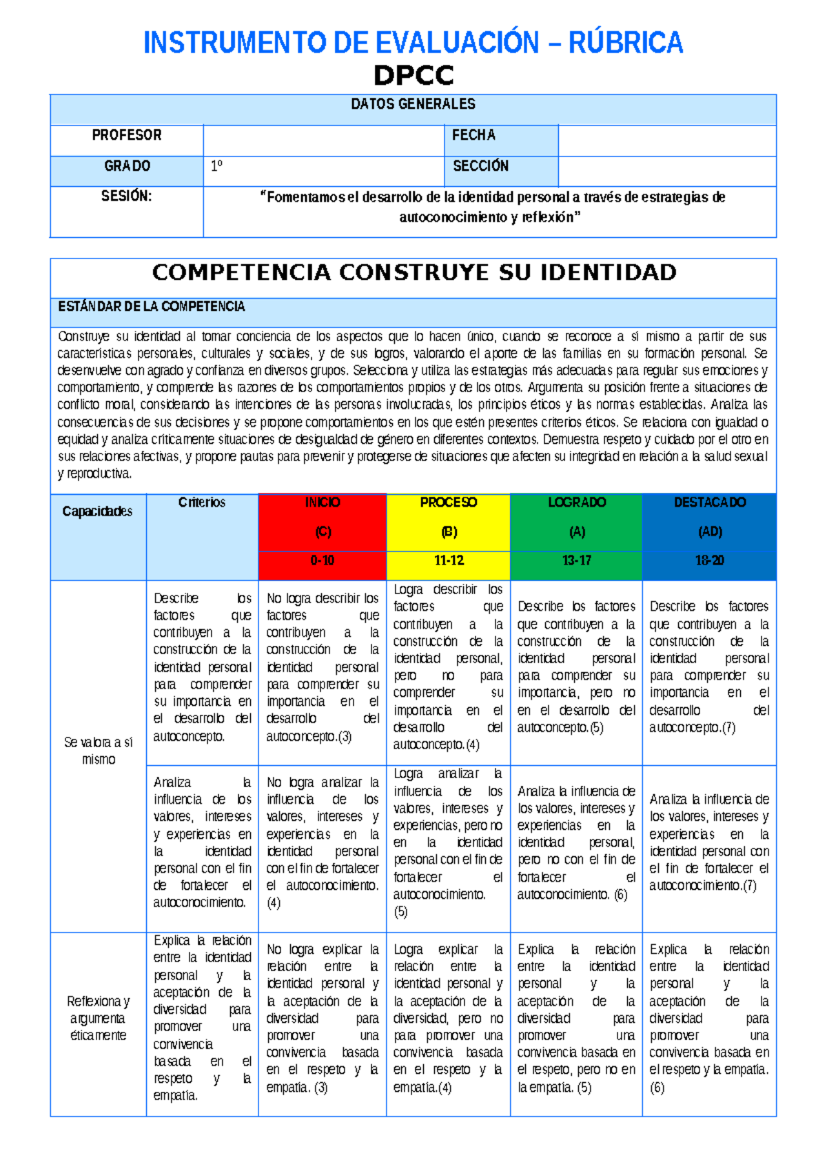 Instrumento de Evaluación Rúbrica DPCC 1º: Construcción de la Identidad ...