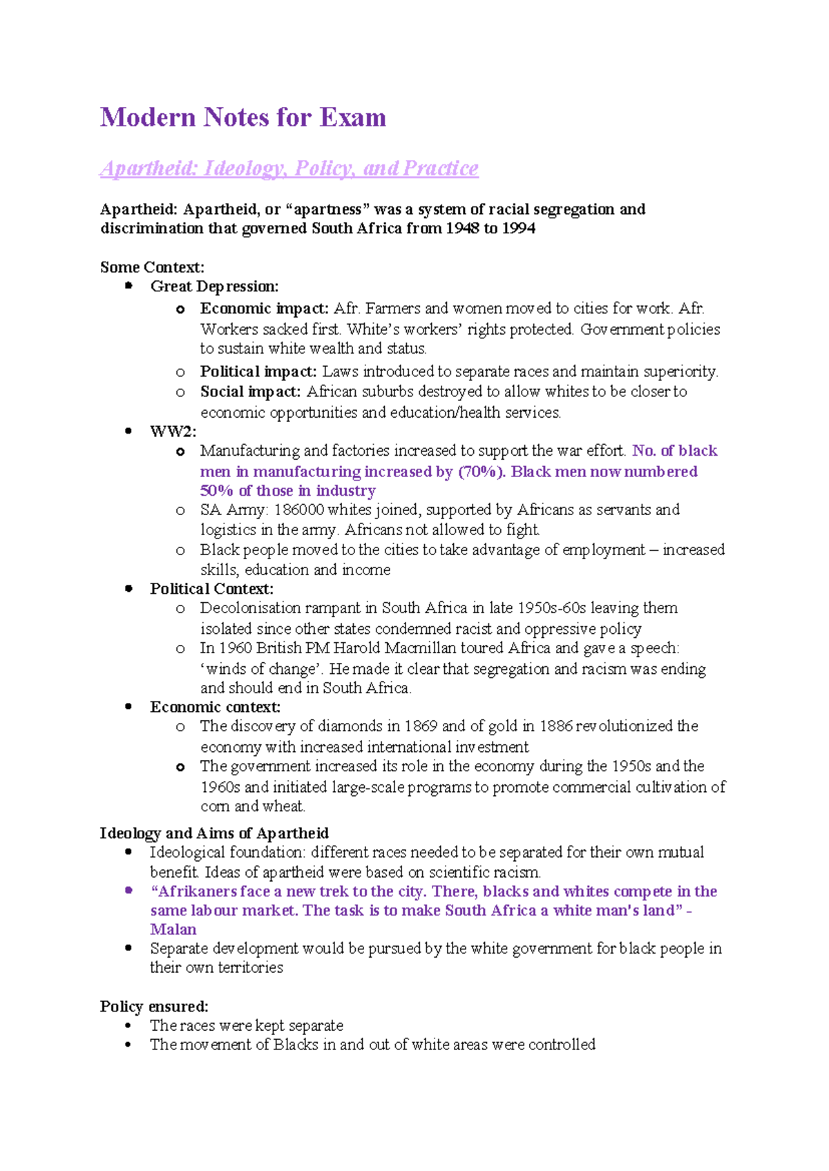 Modern Apartheid Exam Notes: Ideology, Impact, and Resistance - Studocu