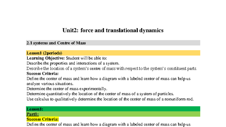 Unit 2: Force & Translational Dynamics - Center of Mass Lesson 1 - Studocu