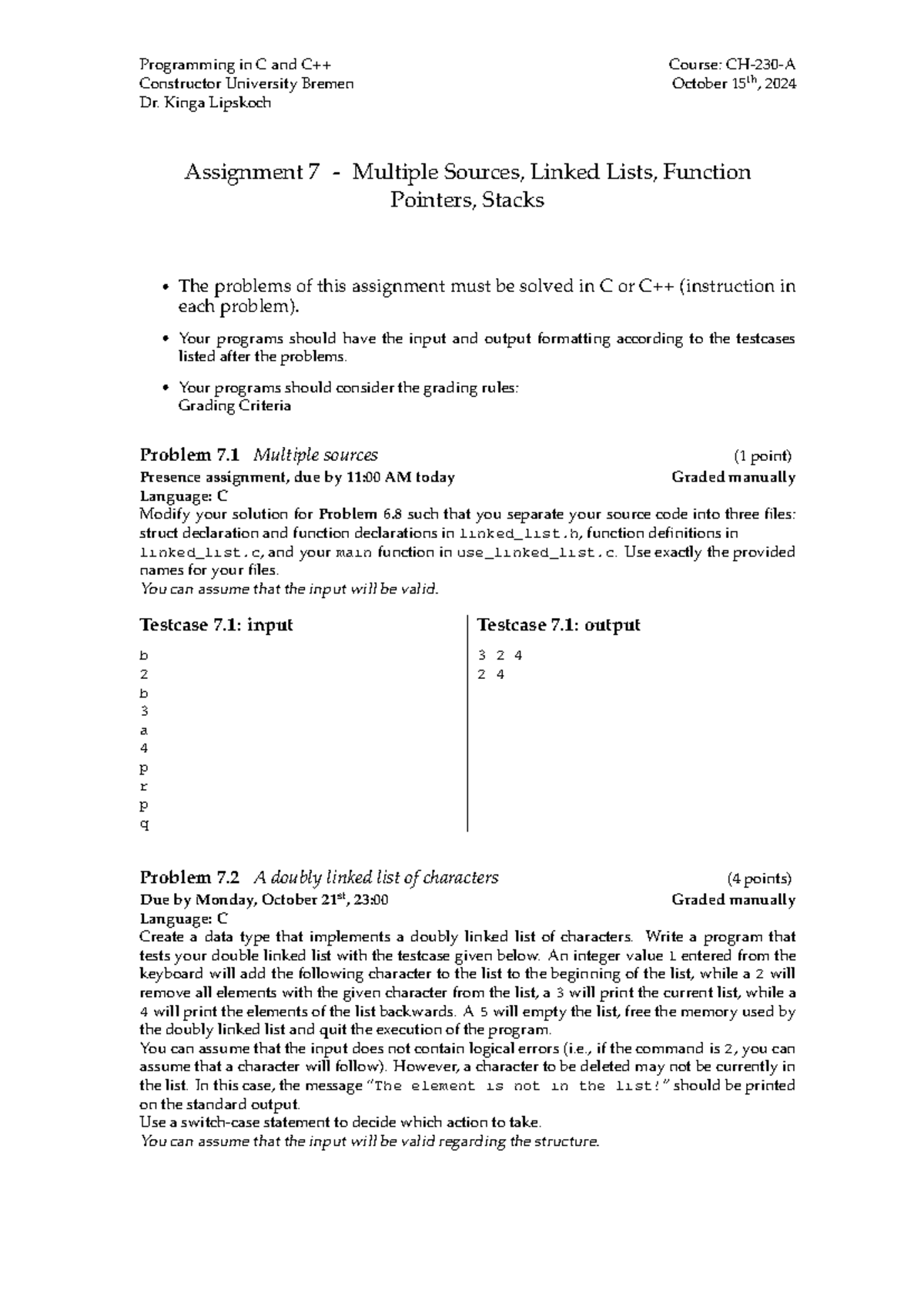 CH-230-A Assignment 7: C/C++ Linked Lists and Pointers Solutions - Studocu