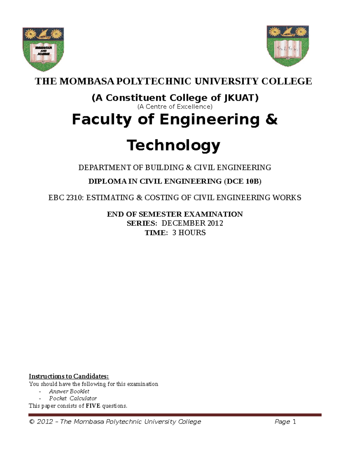 EBC 2310 Final Exam: Estimating & Costing of Civil Engineering Works ...