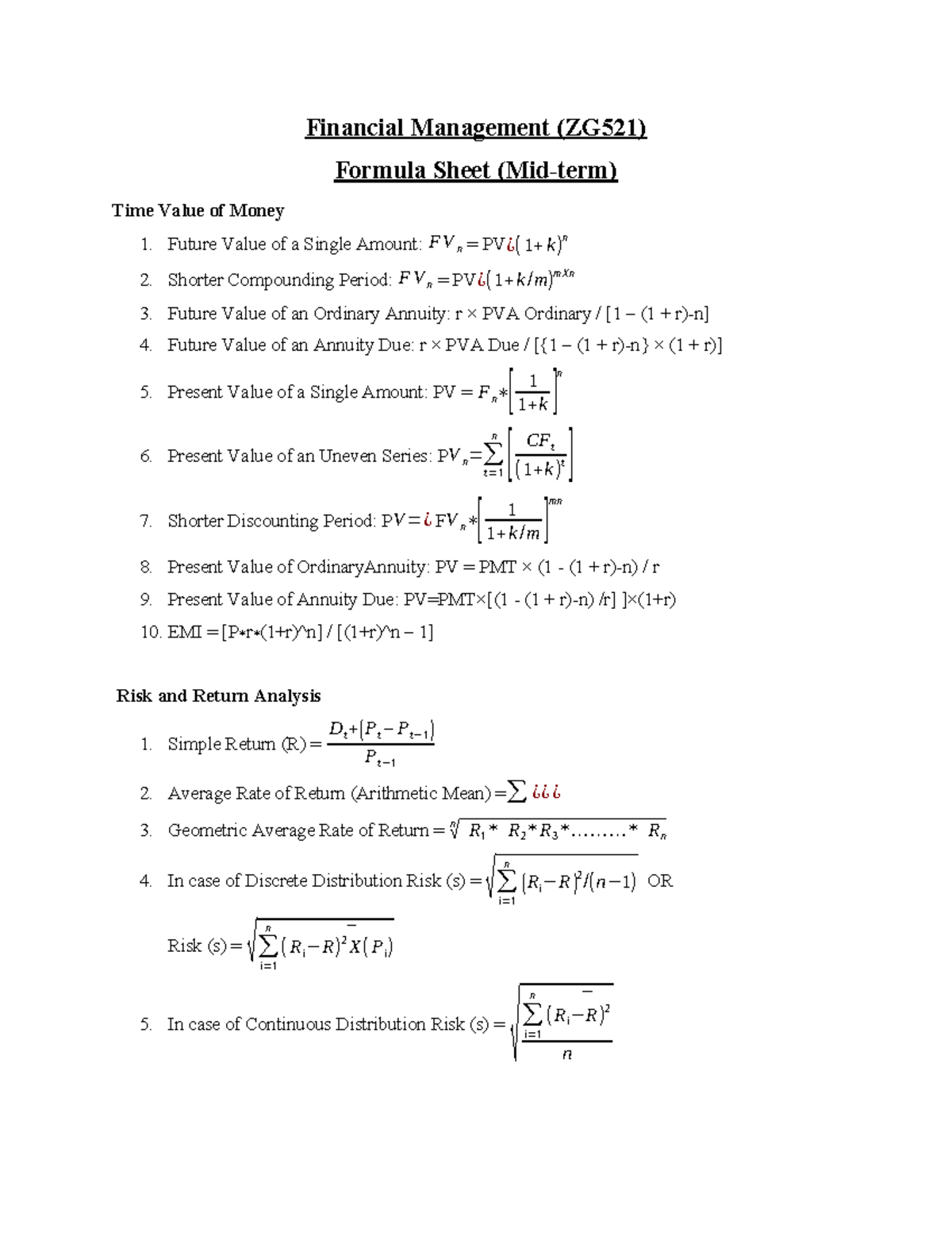 Financial Management (ZG521) Formula Sheet: Time Value of Money - Studocu