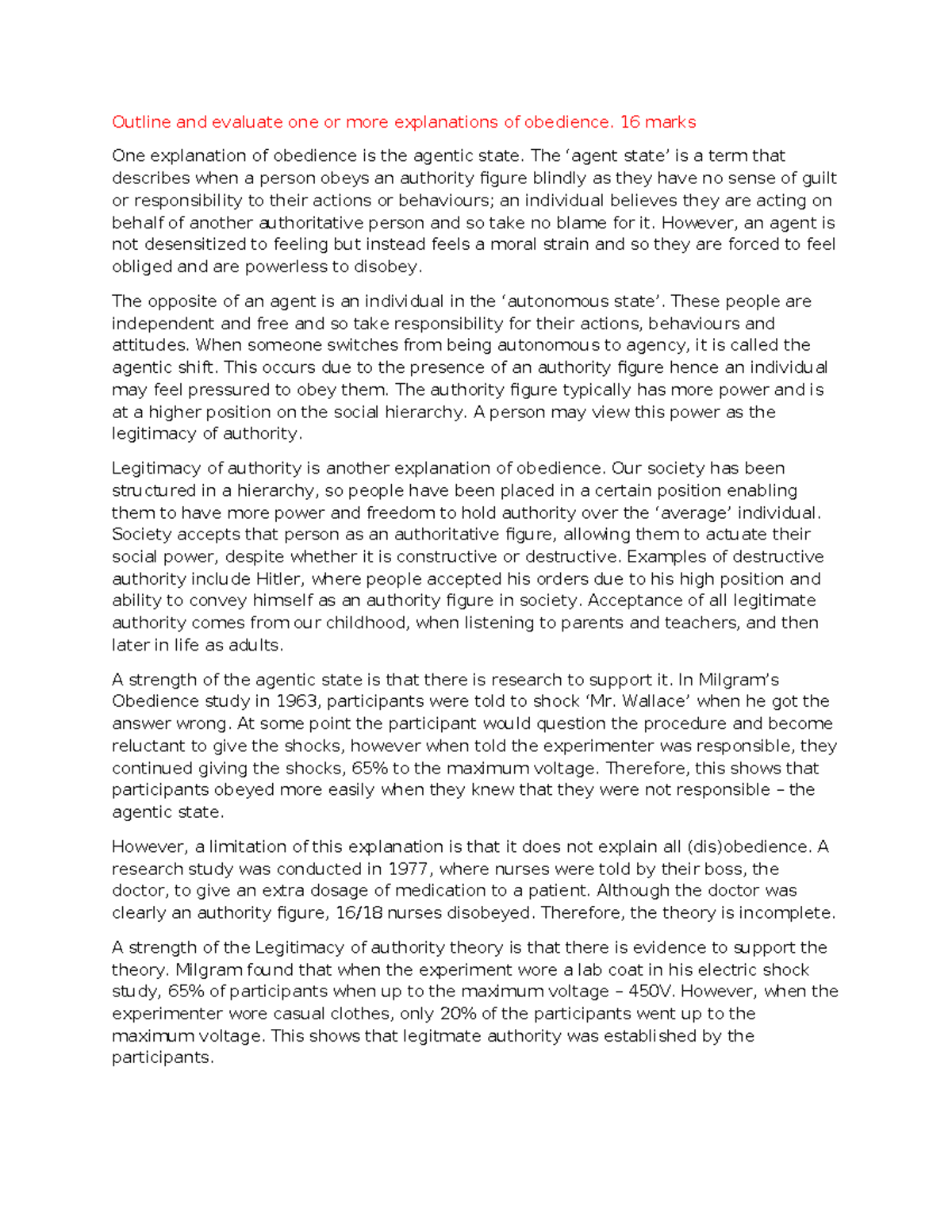 Psychology Essay Hwk: Evaluating Explanations of Obedience - Studocu