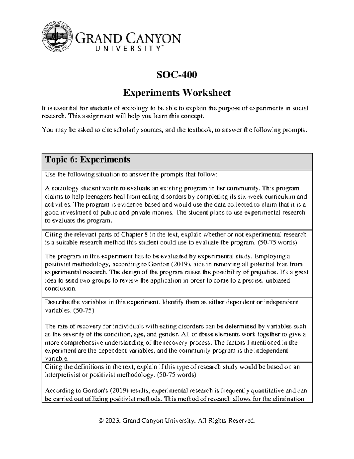 SOC-400.T6.Experiments Worksheet - © 2023. Grand Canyon University. All ...