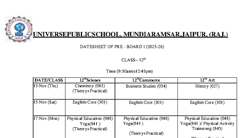 Datesheet for Class XII (2025-26) - Pre Board I Exams - Studocu
