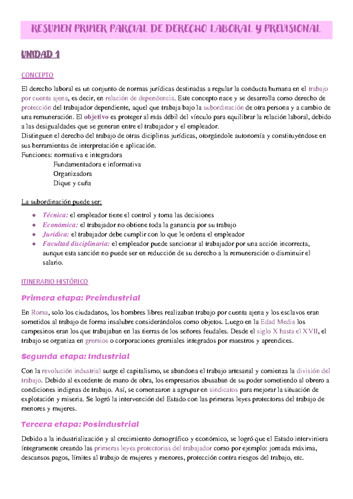 Resumen Primer Parcial de Derecho Laboral y Previsional - Unidad 1 ...