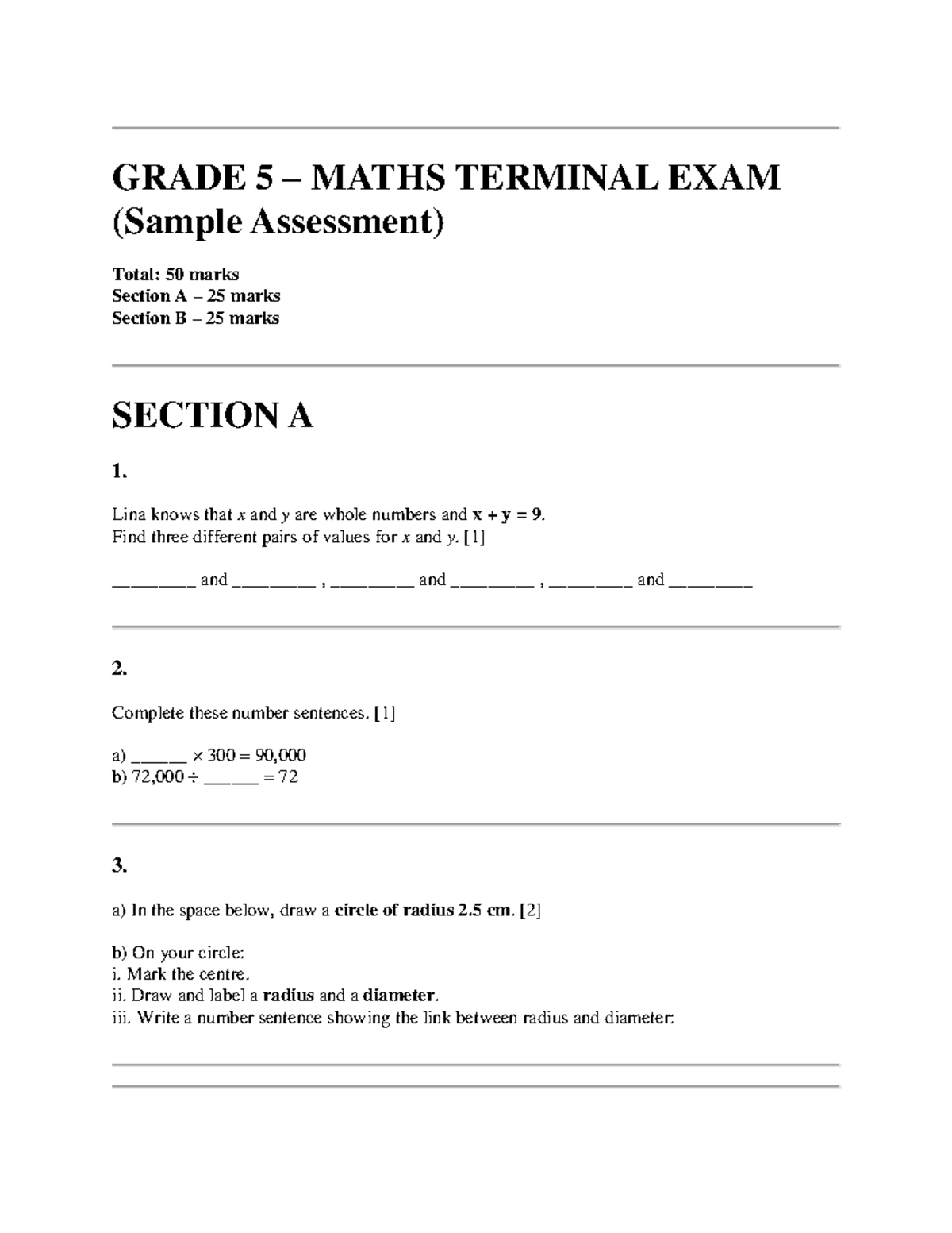 GRADE 5 MATHS TERMINAL EXAM SAMPLE ASSESSMENT (50 MARKS) - Studocu